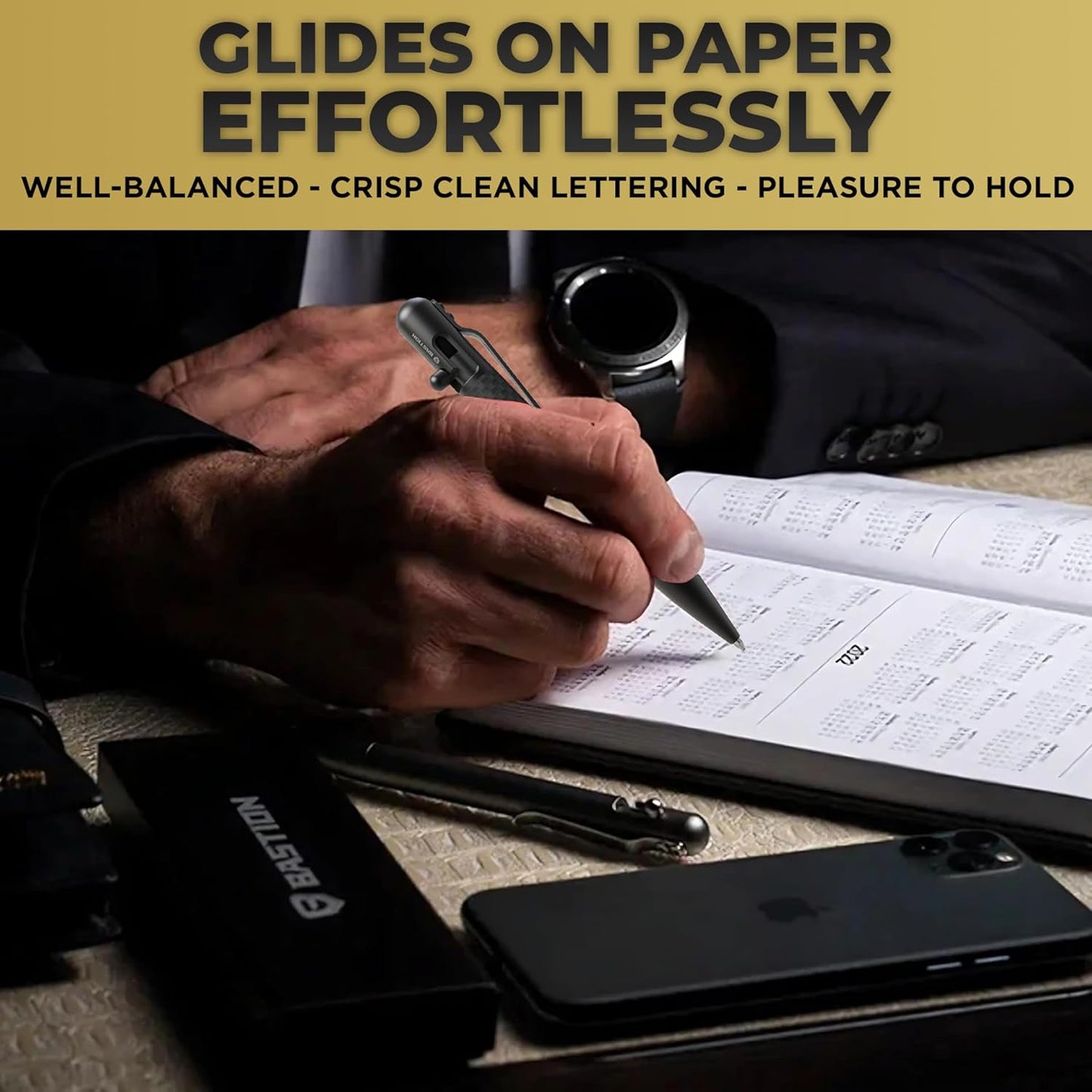 BASTION® Luxury Carbon Fiber Bolt Action Pen Durable Professional Ballpoint Pen for Travel, School and Work Birthday Gift Idea - Black Stainless Steel