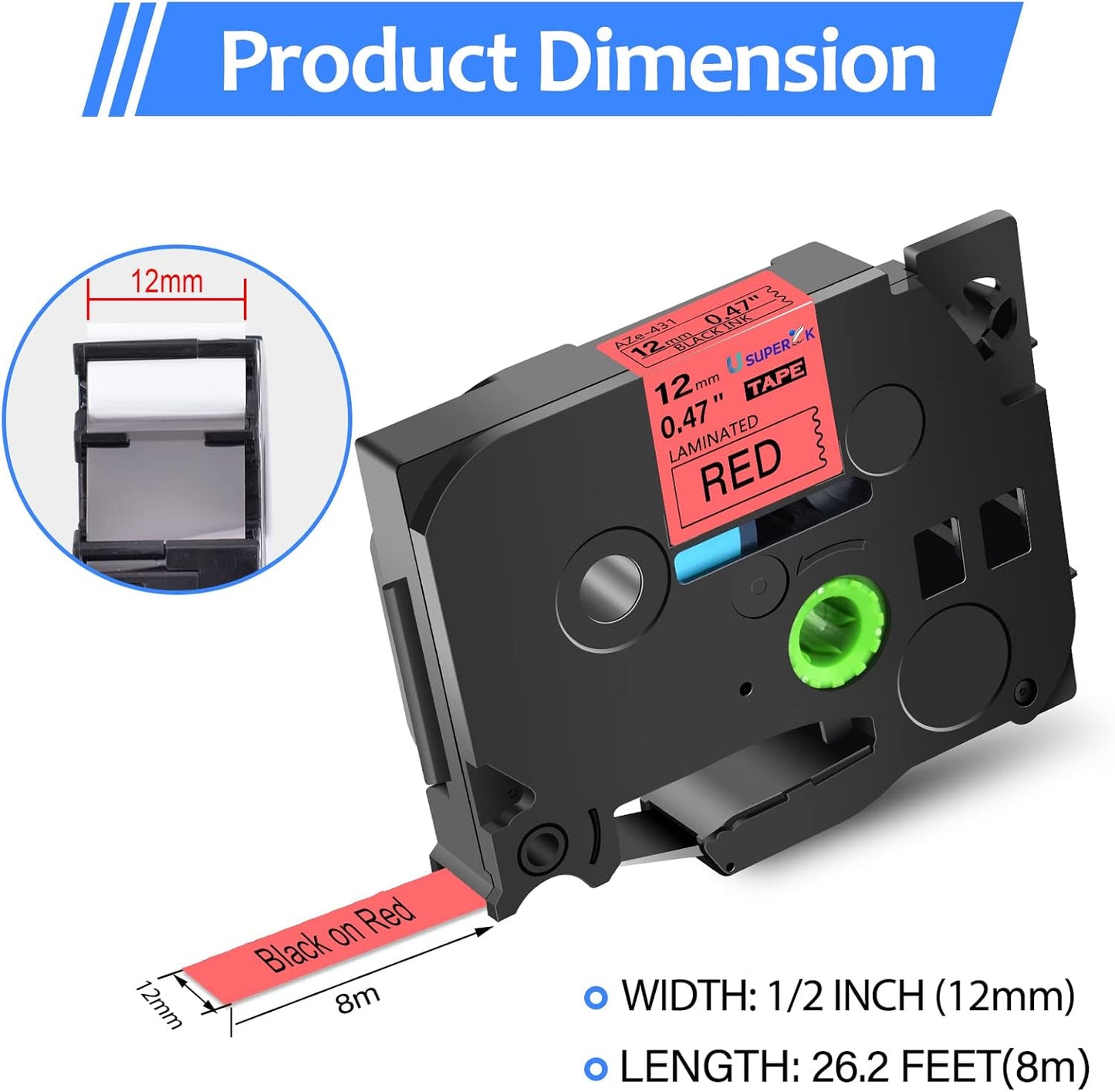 6PK Compatible for Brother P-Touch Label Maker Tape TZe-431 TZe TZ Label Tape TZ-431 TZe431 TZ431 12mm 0.47'' Laminated Black on Red Tape for PT-D210 D220 H110 D400
