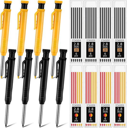 8 pack 2.8mm Mechanical Carpenter Pencils with 48 Refills, Construction Pencils with Built-in Sharpener, Long Nib Deep Hole Marker, Heavy Duty Woodworking Tools (Black+yellow)