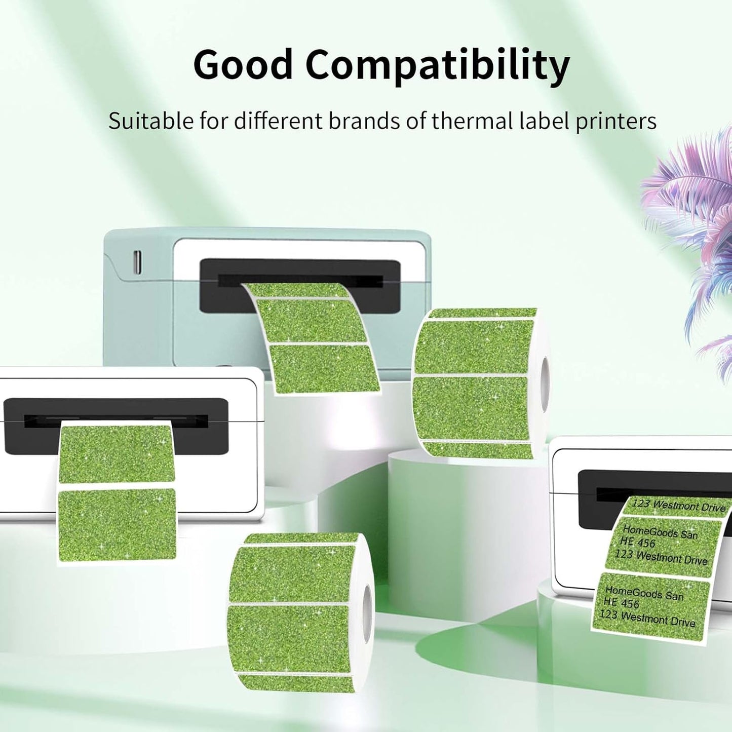 2.25"x1.25" Holographic Thermal Labels Stickers, Glitter Direct Thermal Printer Labels, Waterproof Self-Adhesive Address Shipping Label Stickers, 300 Sheet/ 1 Roll, Holographic Shiny Green