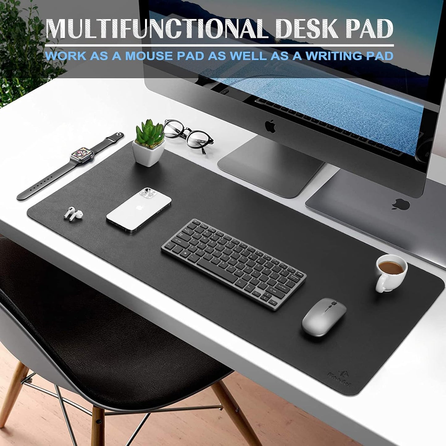 K KNODEL Large Office Leather Desk Mat, Mouse and Keyboard Pad, Computer and Laptop Mat, Desktop Protector and Cover, Writing Pad and Blotter (31.5"x15.7", Black)