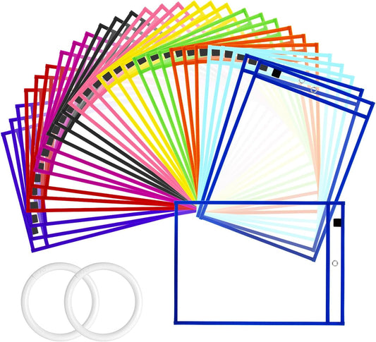 30 Packs Dry Erase Pocket Sleeves with 2-Ring, Reusable Clear Plastic Classroom Sleeves, 10x14 Inch Ticket Holders, for School/Office Organization