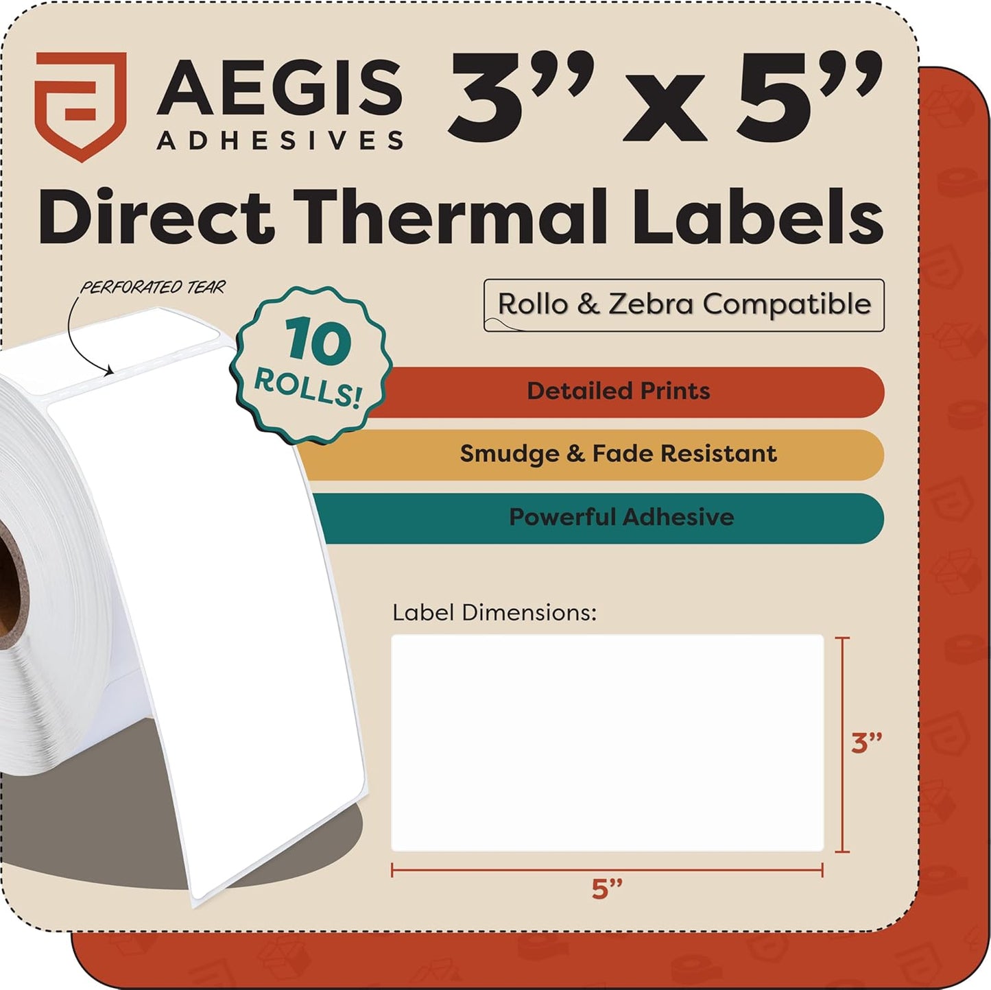 Aegis Adhesives - 3" X 5" Direct Thermal Shipping Labels Compatible with Rollo, Zebra, and Other Desktop Label Printers (10 Rolls, 300/Roll)