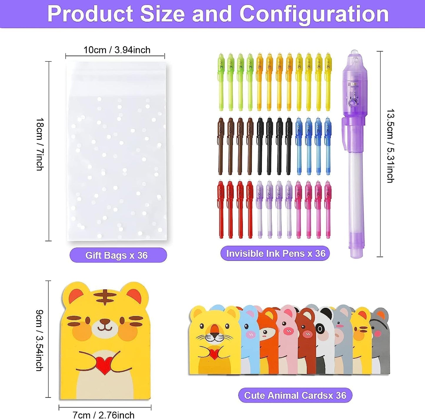 36PCS Invisible Ink Pens with UV Light, Spy Pens with Animal Cards & Goodie Bags, Party Favors for Kids 8-12, Classroom Prizes, Stocking Stuffers