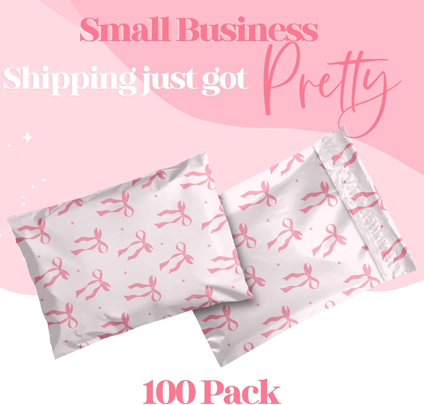 6x9 Designer Poly Mailer 100 Pack Heavy Duty Waterproof Self Seal Shipping Bags for Small Business Large Mailing Envelopes Bulk Tear Resistant Cute Packaging Pink Bows Coquette