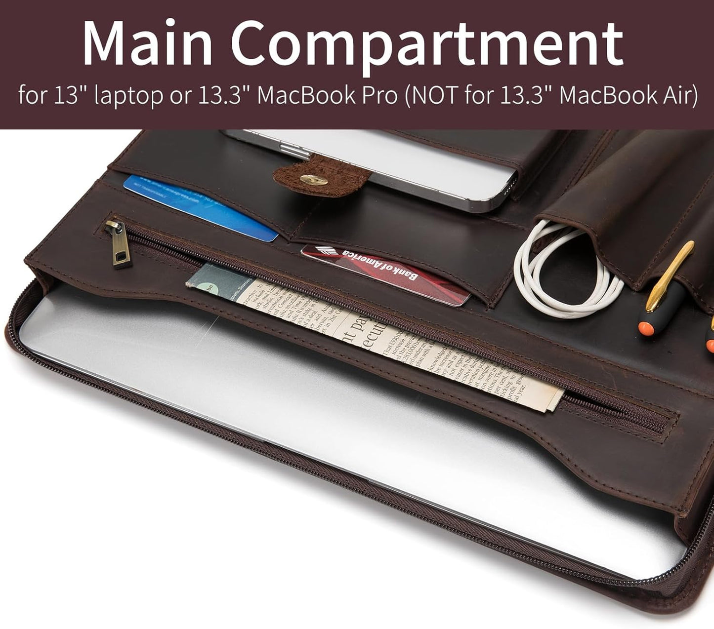 Genuine Leather Portfolio with Front Pocket for Men and Women, 8.5 x 11 Legal Pad Notepad Holder, Zippered Business Organizer, Professional Executive Letter Notebook Folder for Work, Dark Brown
