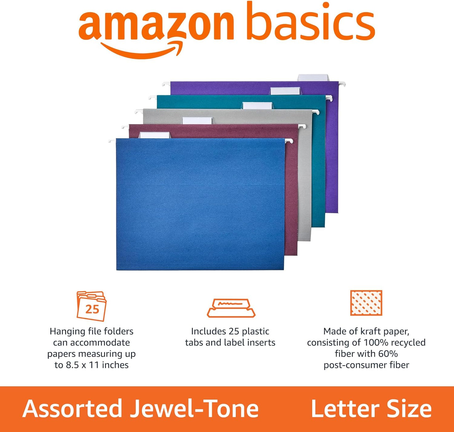 Amazon Basics Hanging File Folders, Sturdy, Letter Size, 25-Pack, Assorted Jewel-tone Colors