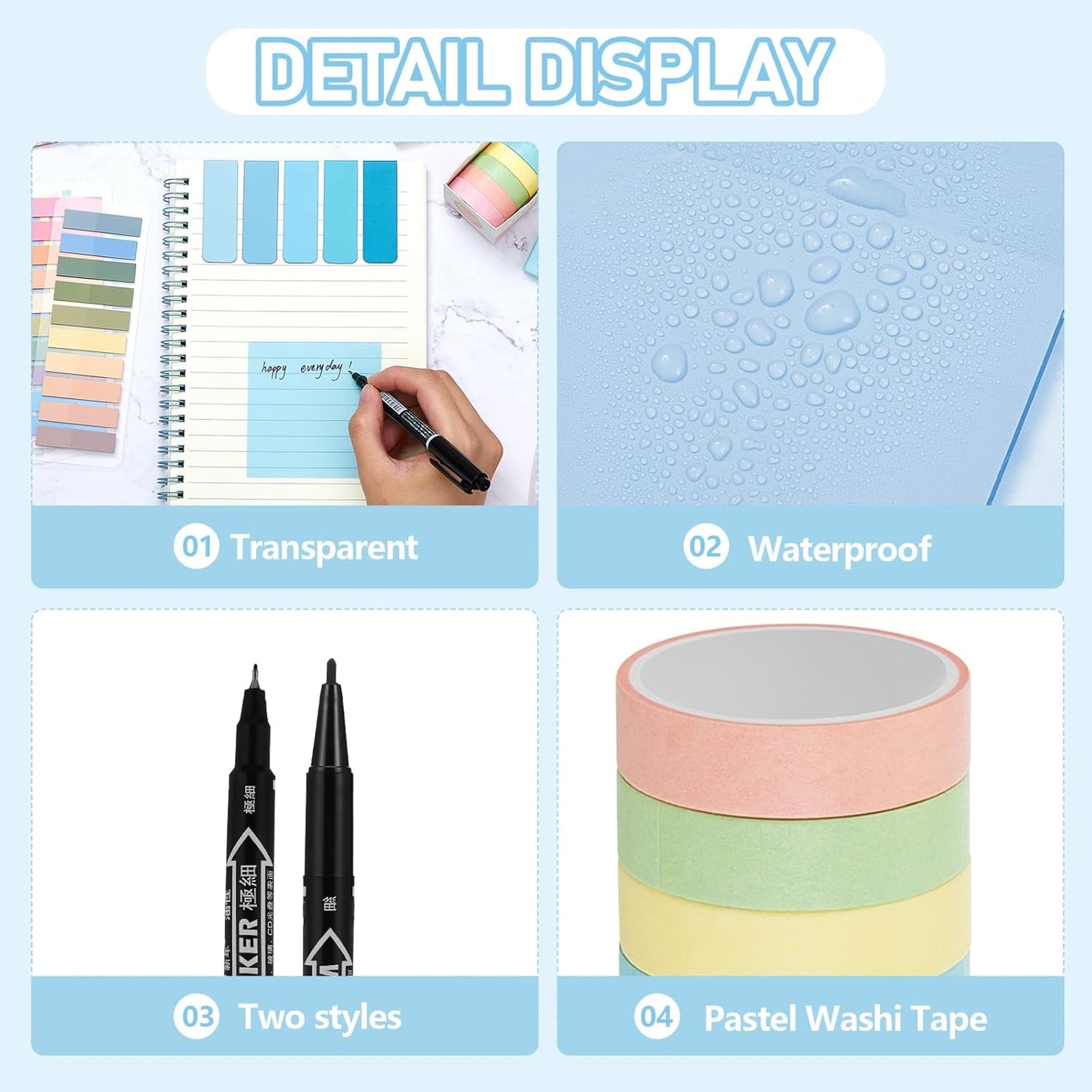 60 Pcs Aesthetic Book Annotation Kit School Supplies Cute Pencil Case with Highlighter Gel Pen Mechanical Pencil Magnetic Bookmarks Transparent Sticky Note Tabs Student Stationary(Light Blue)