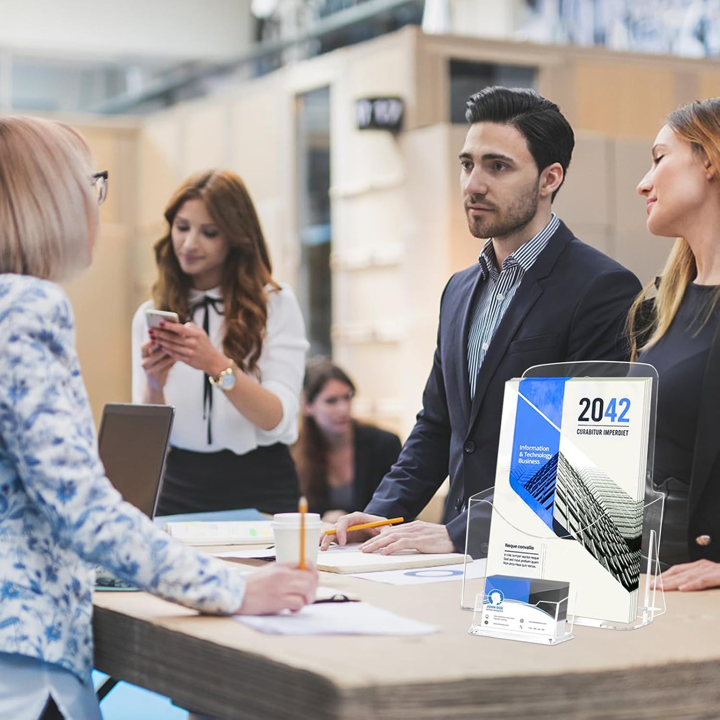 2 Pack Acrylic Brochure Holder 8.5 x 11 in with Business Card Holder, 1-Tier Brochure Display Stand with Removable Divider for 4 x 9 Inches Trifold Pamphlets, Clear Flyer Holde