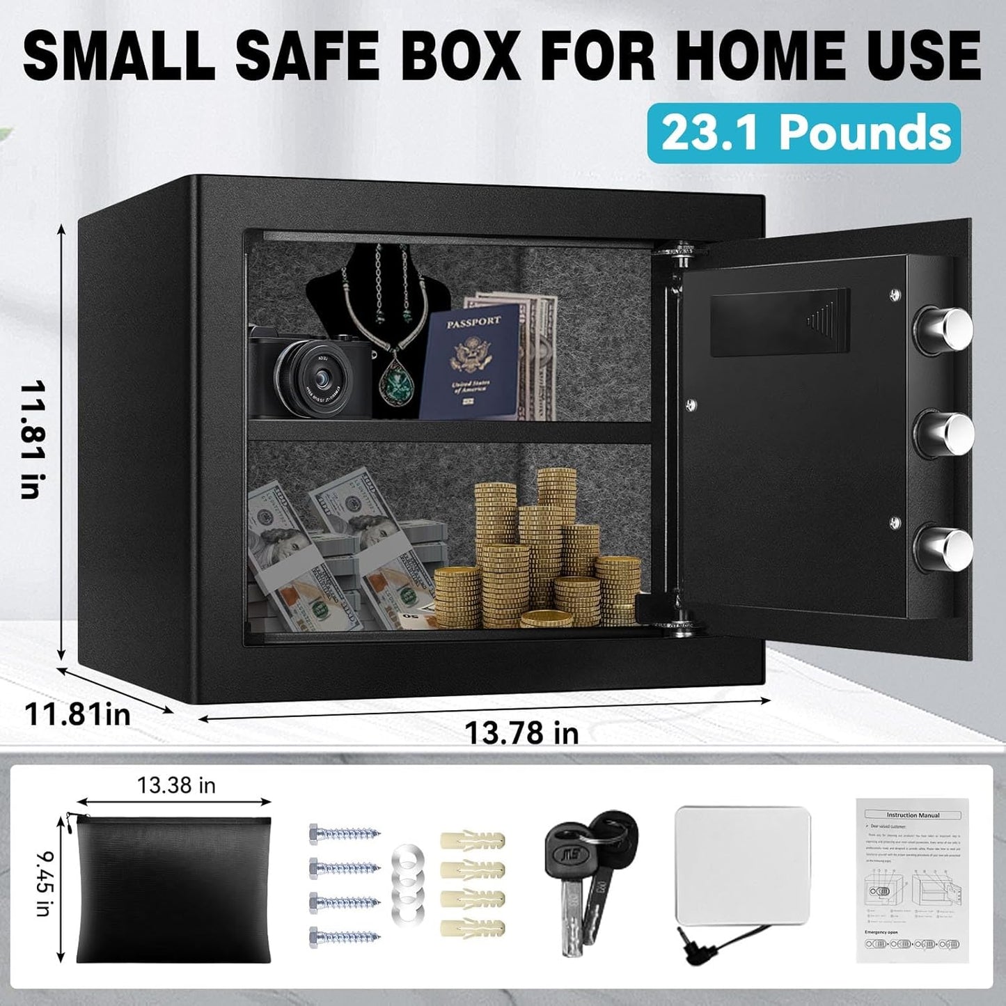 1.6 Cuft Safe Box, Home Safes with Fireproof Waterproof Bag, Anti-Theft Safety Box with Digital Keypad, Smart Alert System, Spare Keys, Removable Shelf, LED Light, Personal Document Safe
