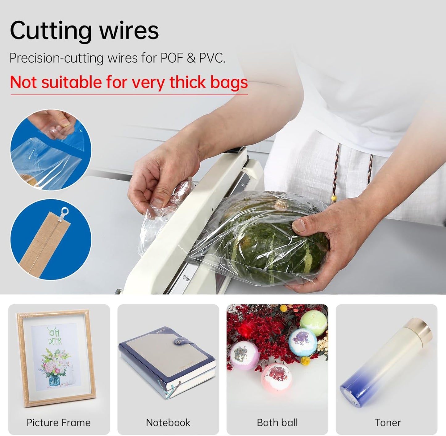 Impulse Heat Sealer with Seal bar, Heavy-Duty Bag Sealing & Cutting Machine, 2 Extra Replacements（Orange, 8inch）