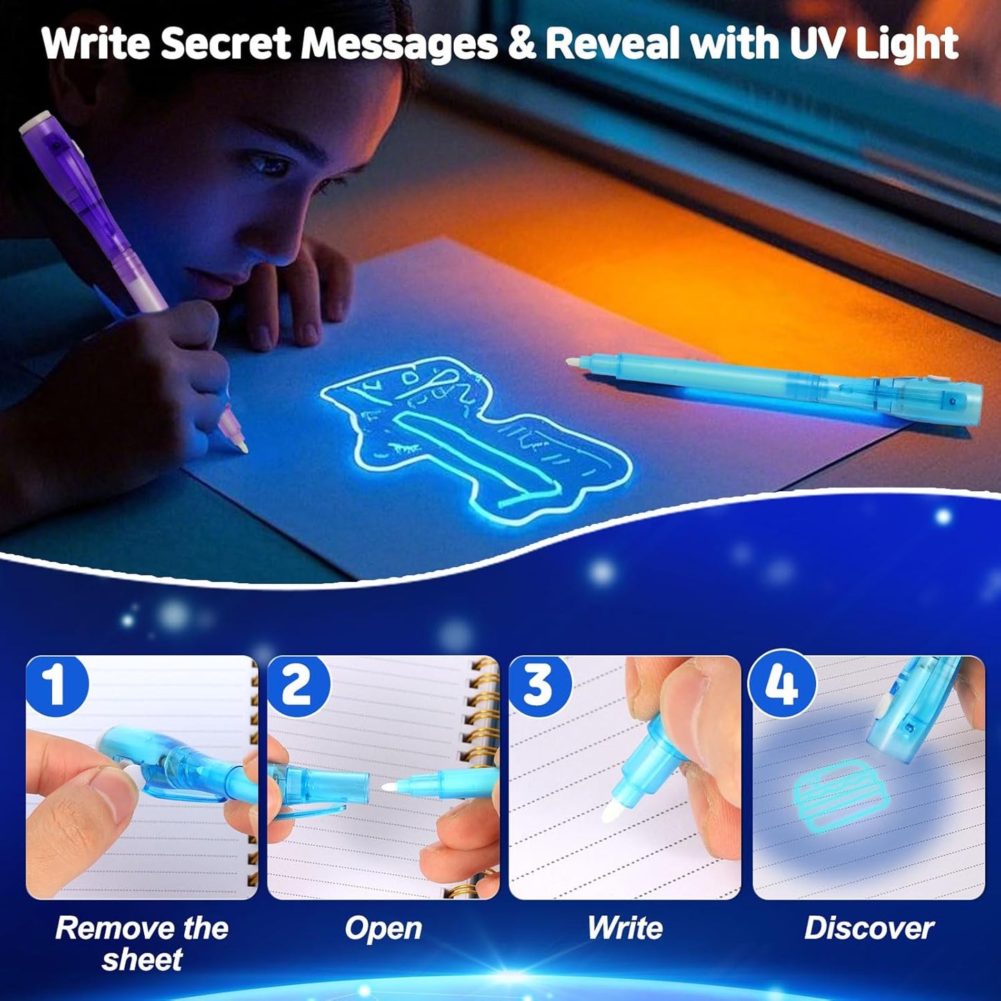 7PCS Invisible Ink Pens with UV Light 7 Colors Spy Pens for Secret Messages – Fun Party Favors, Halloween, Christmas, Stocking Stuffers, Treasure Hunt, Classroom & Birthday Gifts