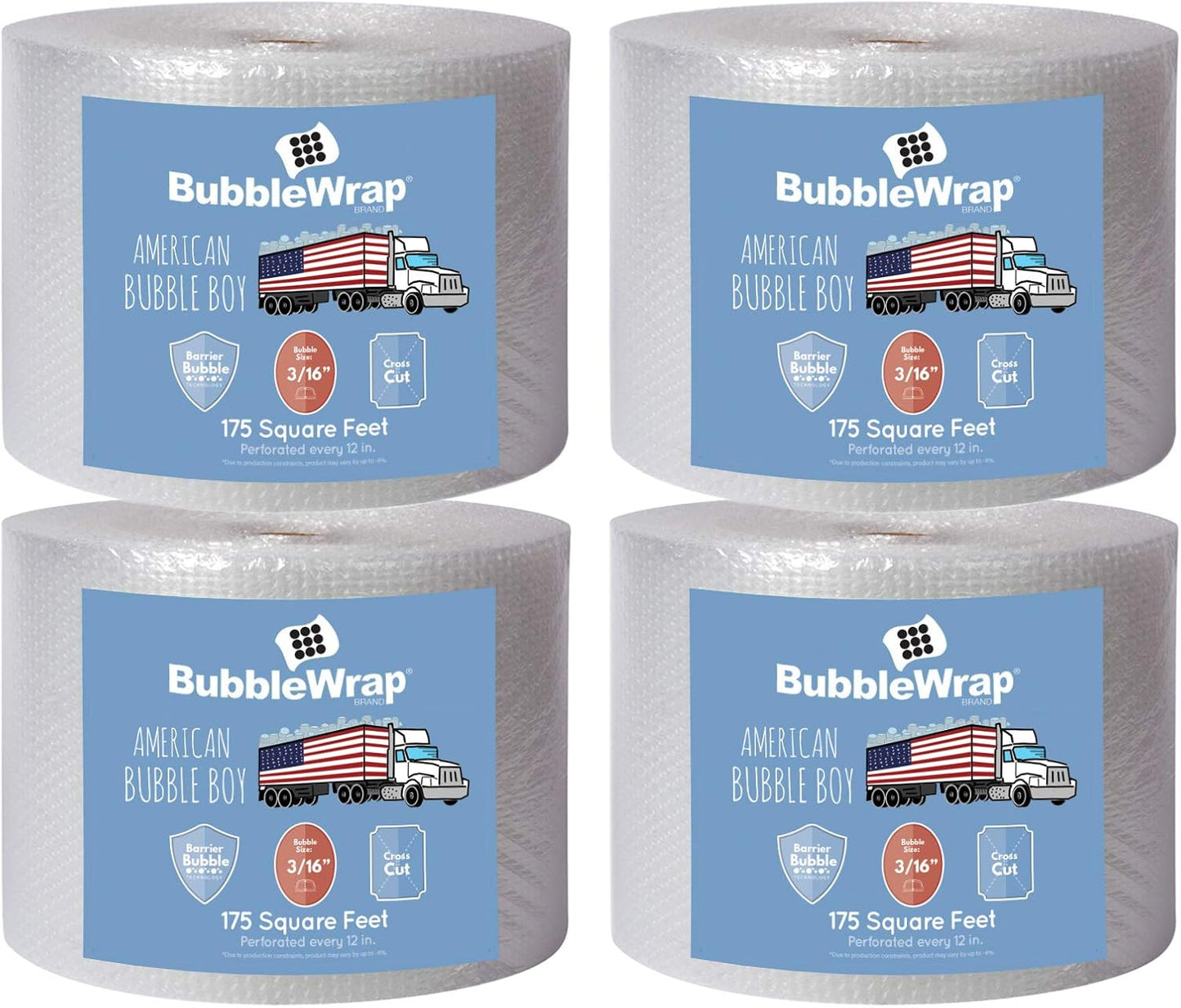 4 large rolls of Bubble Wrap total 700 feet, small bubble wrap 3/16 cushioning, 700 ft, heavy duty, perforated Every 12" Made in the USA by American Bubble Boy, bulk bubble wrap for moving, shipping