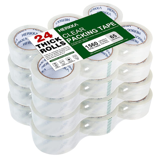 HERKKA Clear Packing Tape, 24 Rolls Heavy Duty Packaging Tape for Shipping Packaging Moving Sealing, Thicker Clear Packing Tape, 1.88 inches Wide, 65 Yards Per Roll, 1560 Total Yards