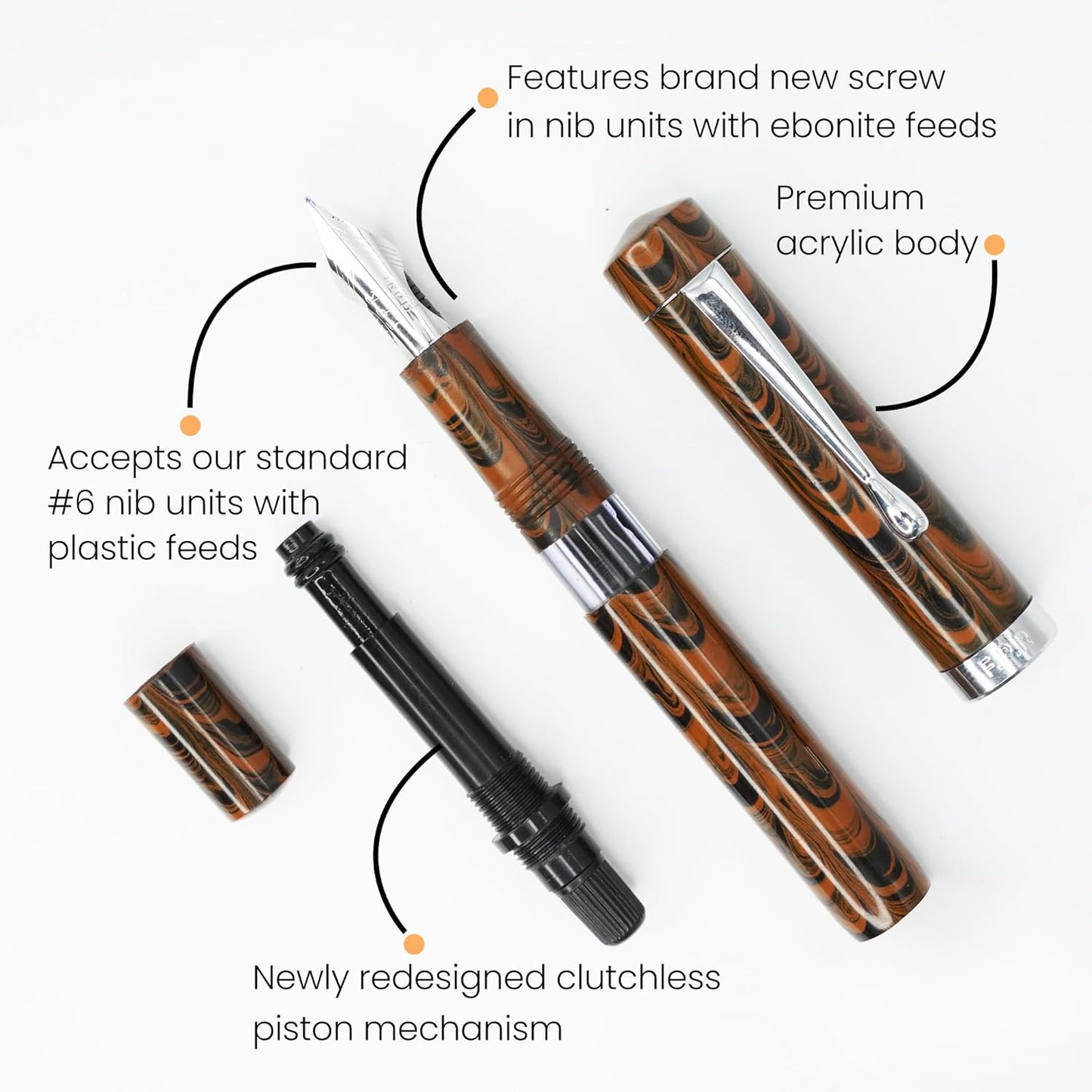 Jaipur V2 Piston Filled Refillable Fountain Pen - Brown Ultra Flex Cursive Pen w/Stainless Steel Nib - Luxury Pens w/Acrylic Body & Ebonite Feed - Fountain Pens for Journaling & Calligraphy