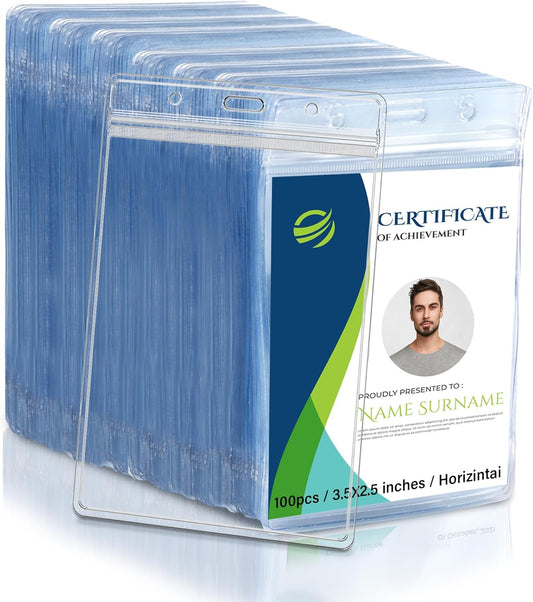 50 Pcs Vertical Clear ID Badge Holders, 3.5×2.5 Inch Waterproof PVC Plastic Badge Holders with Resealable Zip, Fits RFID/Proximity/Badge Swipe Cards, Credit Cards, Office, School, Events