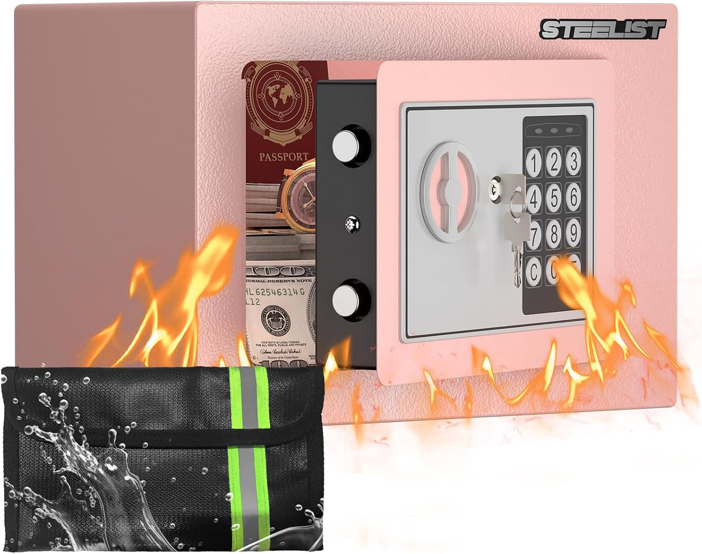 Home Safe, 0.23 Cubic Pink Safety Box, SafeBox for Money, Steel Security Box with Key, Firesafe Waterproof Safe Box, Safes for Money, Jewelry, Hotel or Business, Mini Safes for Personal Items