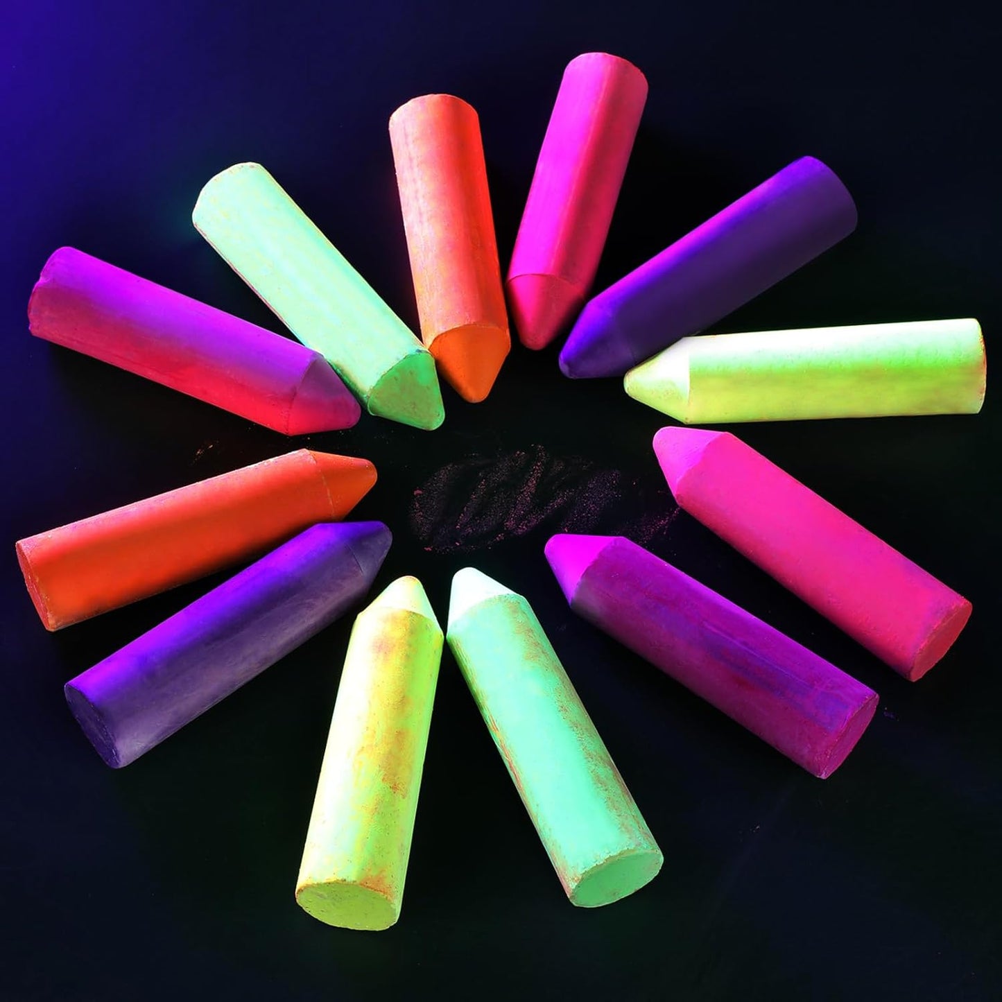 12 Pcs Glow in the Dark Chalk Under Blacklight, 6 Neon Colors Washable Dustless UV Sidewalk Chalk for Black Light Party Playground Chalkboard Birthday Gift and Outdoor Drawing (Crayon)