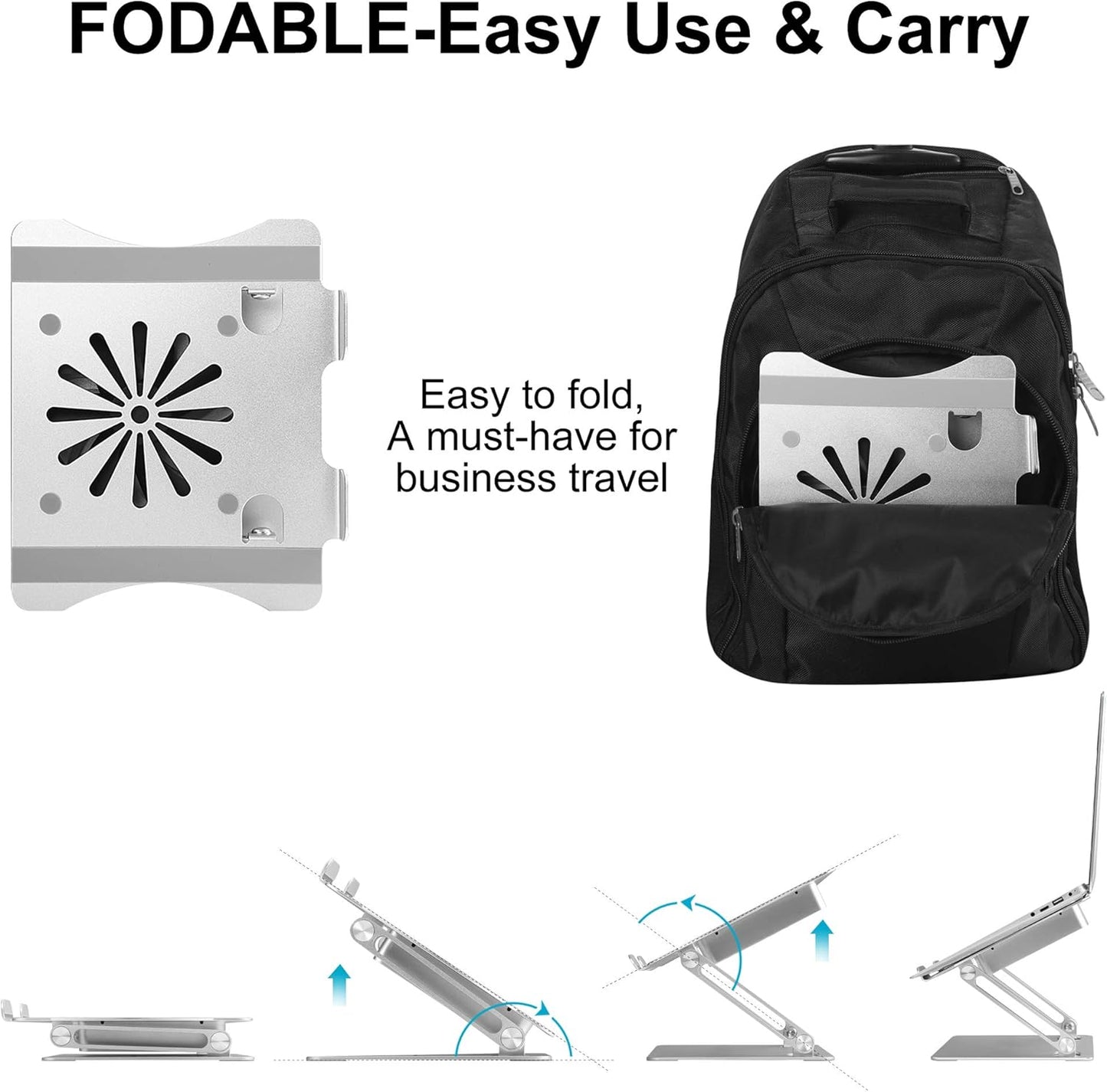 Adjustable Laptop Stand with Cooling Fan, Aluminium Alloy Multi-Angle Computer Holder for Desk, Portable Notebook Metal Mount Compatible with MacBook, Air, Pro, Dell, Alienware All Laptops 11"-17.3"