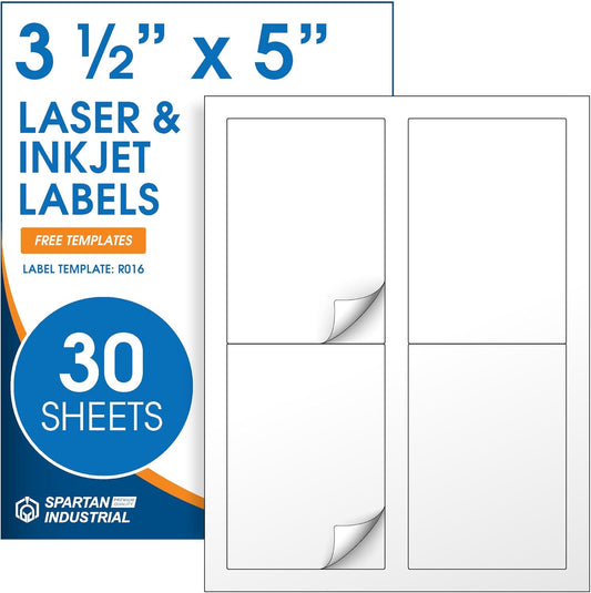 3 1/2" X 5" Matte White Printable Labels Compatible with Inkjet and Laser Printers - 30 Sheets, 120 Stickers for Shipping, Mailing, and Organization - Spartan Industrial