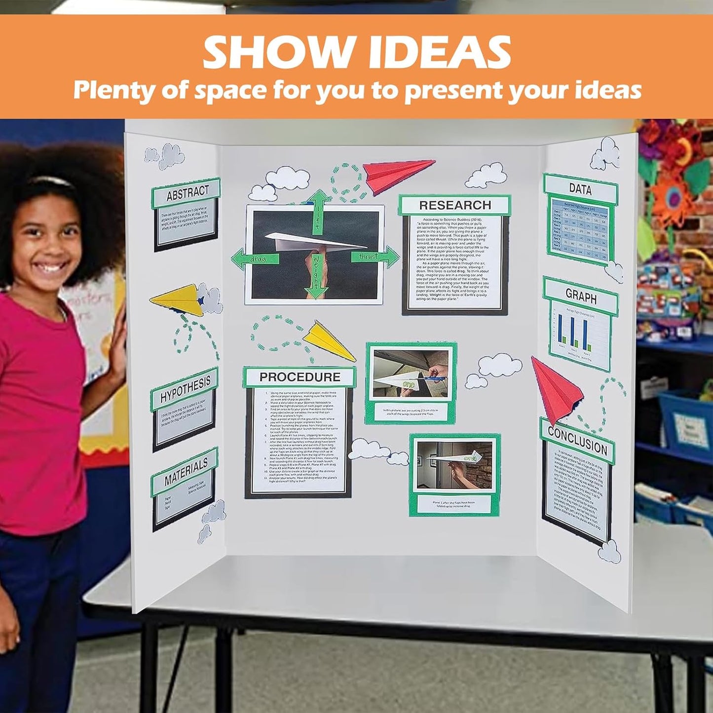 8 Pack 36"x48" Large Trifold Poster Display Board with Headers,White Foldable Presentation Paper Board with 8 Science Subtitles and 64 Self-Adhesive for School Science Business Project Display