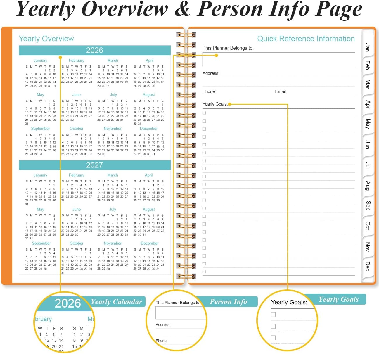 2026 Planner - Planner 2026 from January 2026 - December 2026, Weekly & Monthly Planner Spiral Bound with 12 Monthly Tabs, Inner Pocket, 6.4" x 8.5", Orange-E
