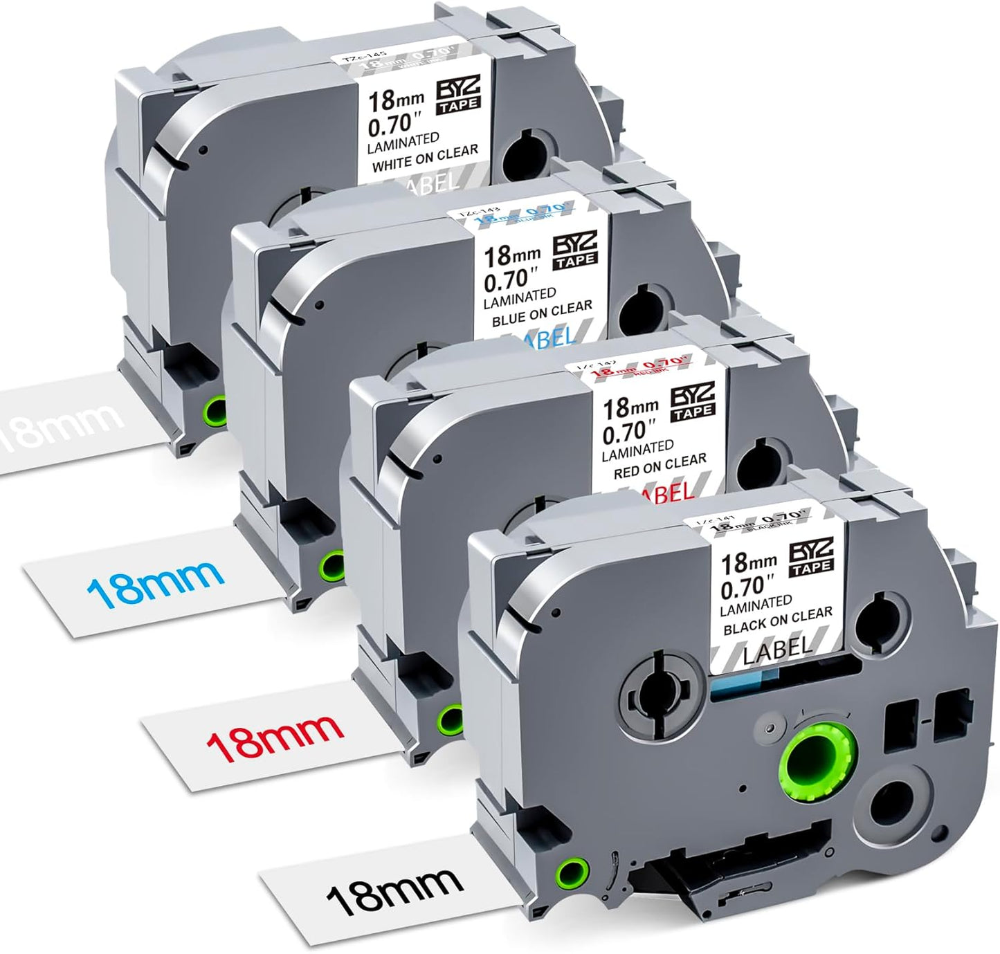 4 Pack TZ Tape 18mm Clear Replace for Brother TZe 0.13-0.7 3.5-18mm Laminated Transparent TZe-141 TZe-142 TZe-143 TZe-145 Black/Red/Blue/White on Clear for P Touch PT-1890 PT-D600 PT-D400