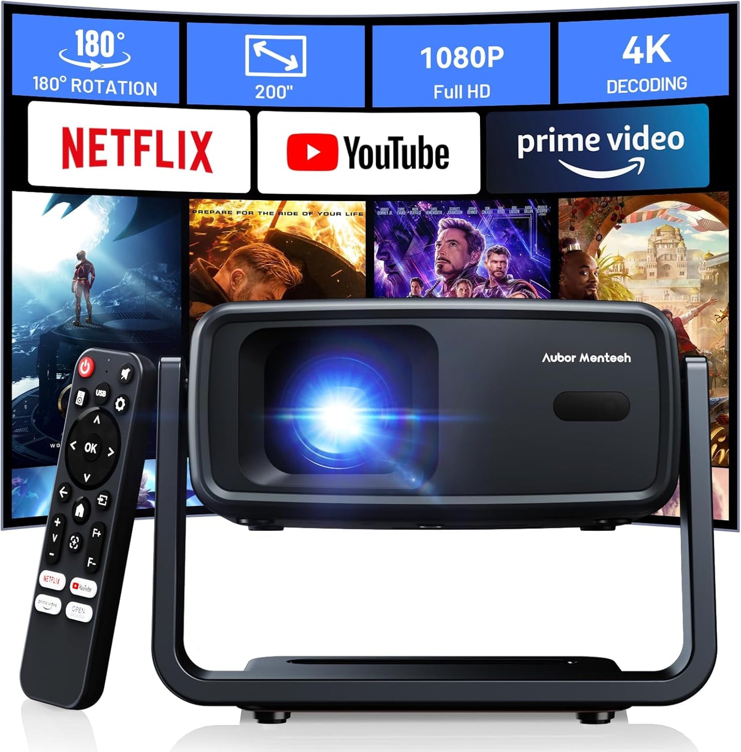 4K Projector Decoding Support, Projector with WiFi and Bluetooth, Native 1080P mini projector, 180° Rotatable with Auto Keystone, 200'' Screen Portable Outdoor Home Theater Movie Smart Projectors