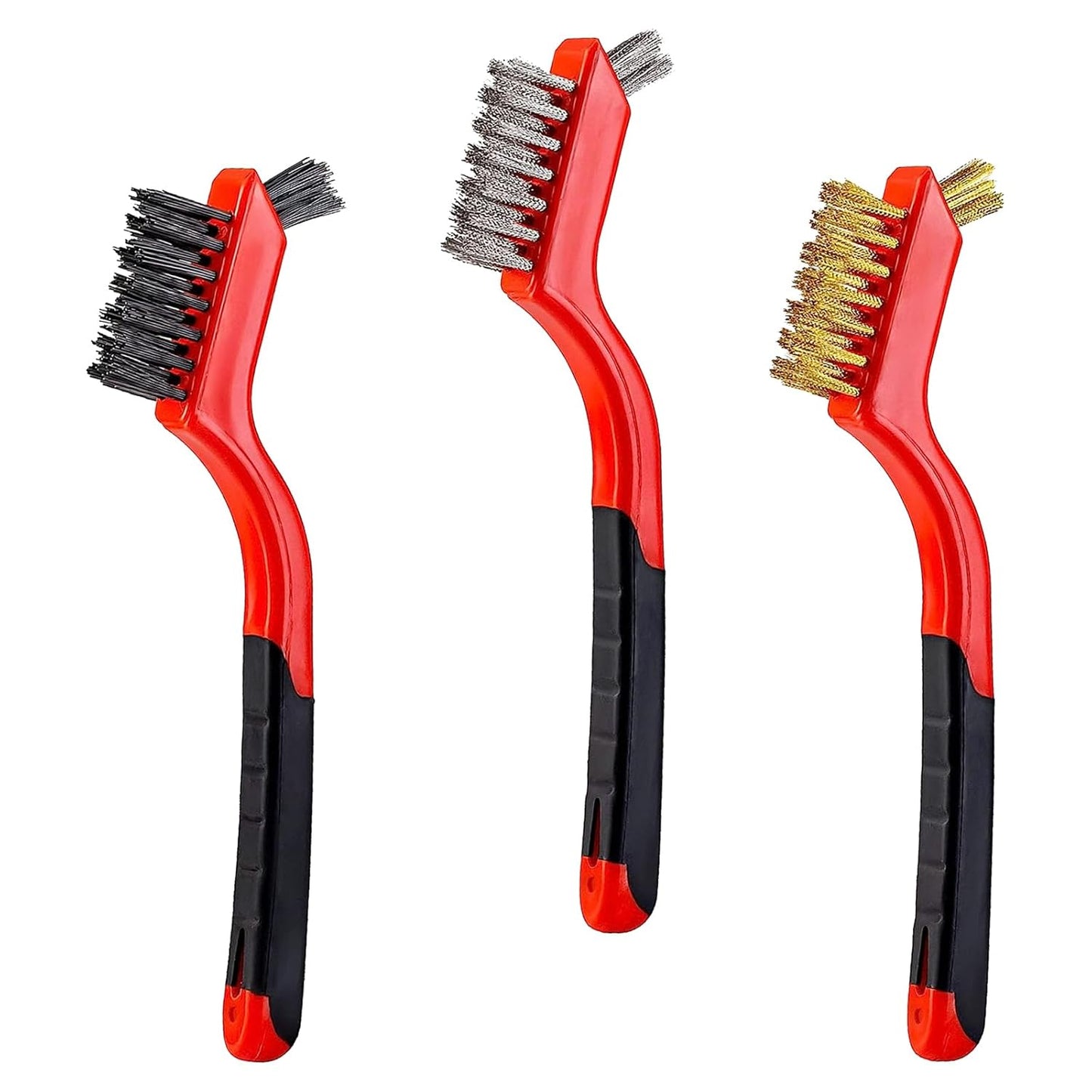 3Pcs Mini Wire Brush Set, Stainless Steel/Brass/Nylon Bristles Wire Brushes, Curved Handle Soft Grip for Rust, Dirt & Paint Scrubbing with Deep Cleaning – 7 Inches (Red)