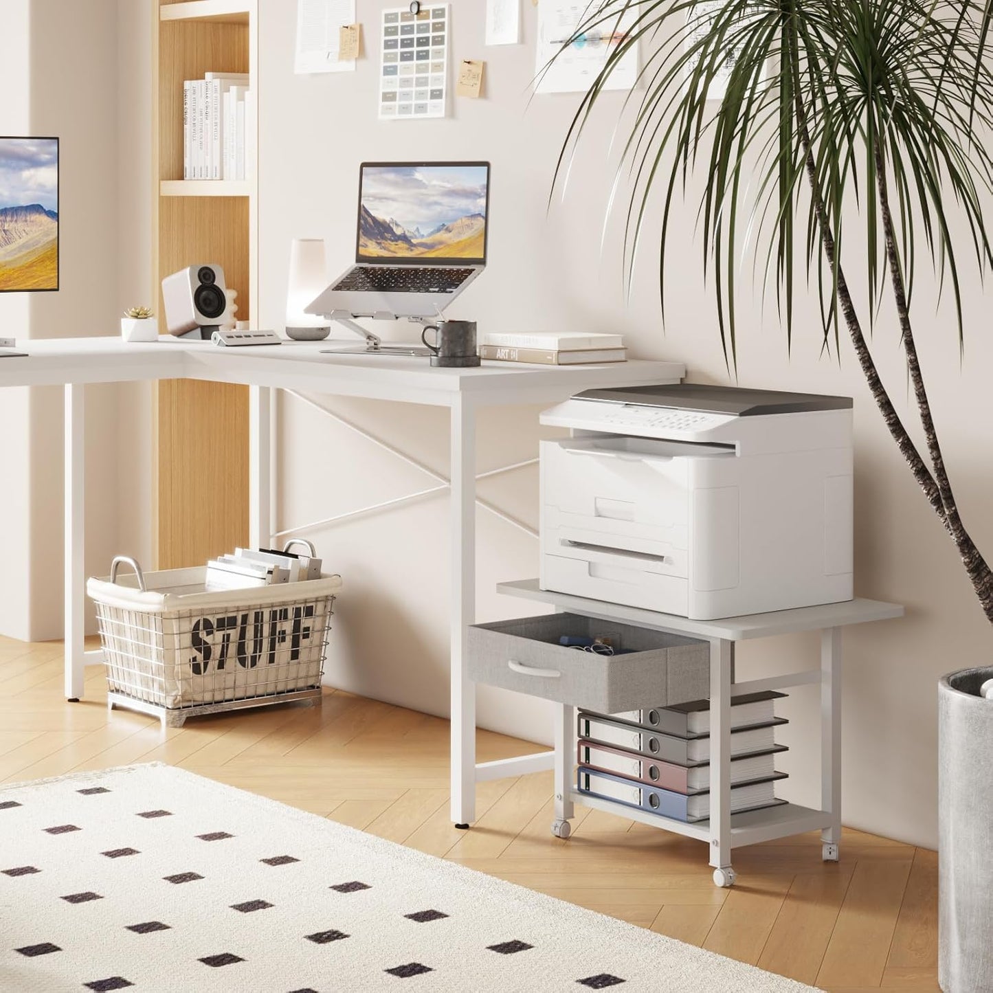 22"x15" Large Printer Stand with Storage Drawer, 2-Tier Under Desk Table for Home Office, Fits Fax Machine/3D Printer/Scanner (White)