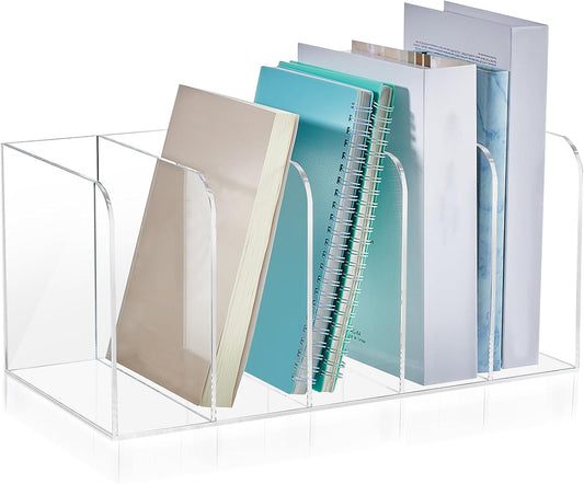 Suzile Clear Acrylic Magazine File Holder with Vertical Compartments Desk Organizer Book Rack for Desk Sorter Paper Folder Office Accessories(Clear,14.2 x 7.2 x 6.5 Inch)