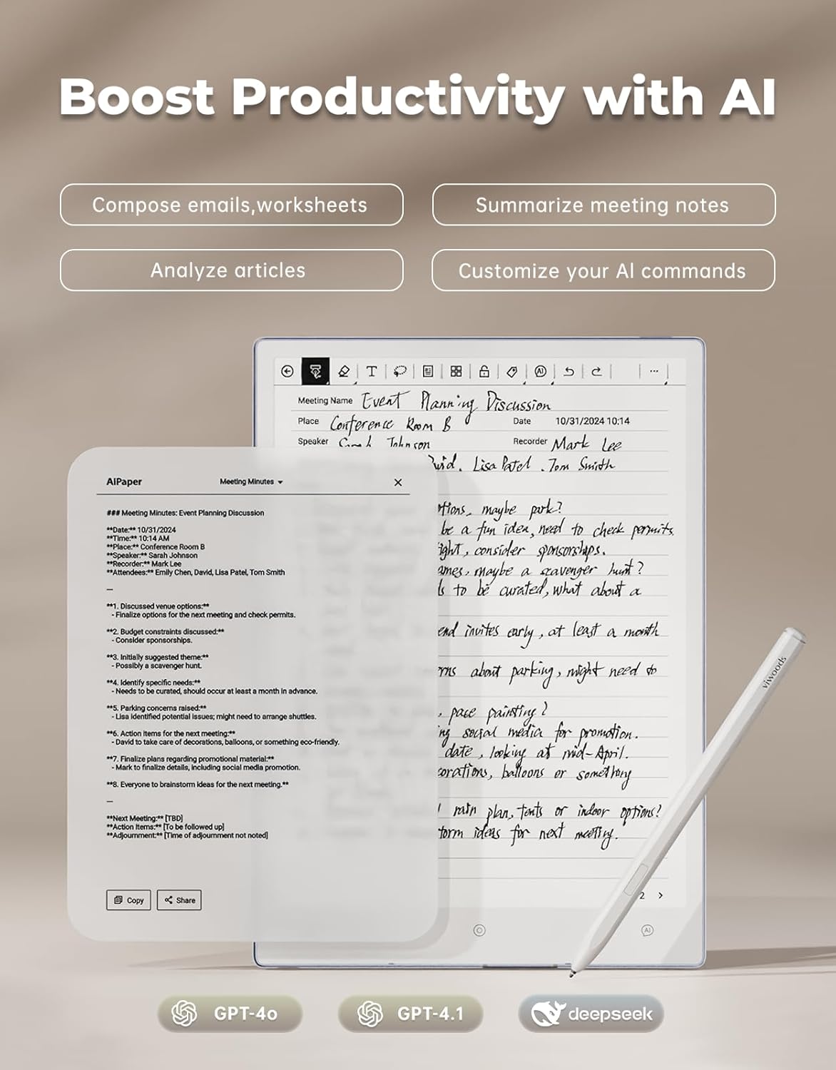 AiPaper Carta 1300 AI E Ink Tablet, 10.65'' 300PPI Electronic Notebook with Pen, Ultra-Thin 4.5mm, Lightweight 370g, 128GB Note-Taking Device