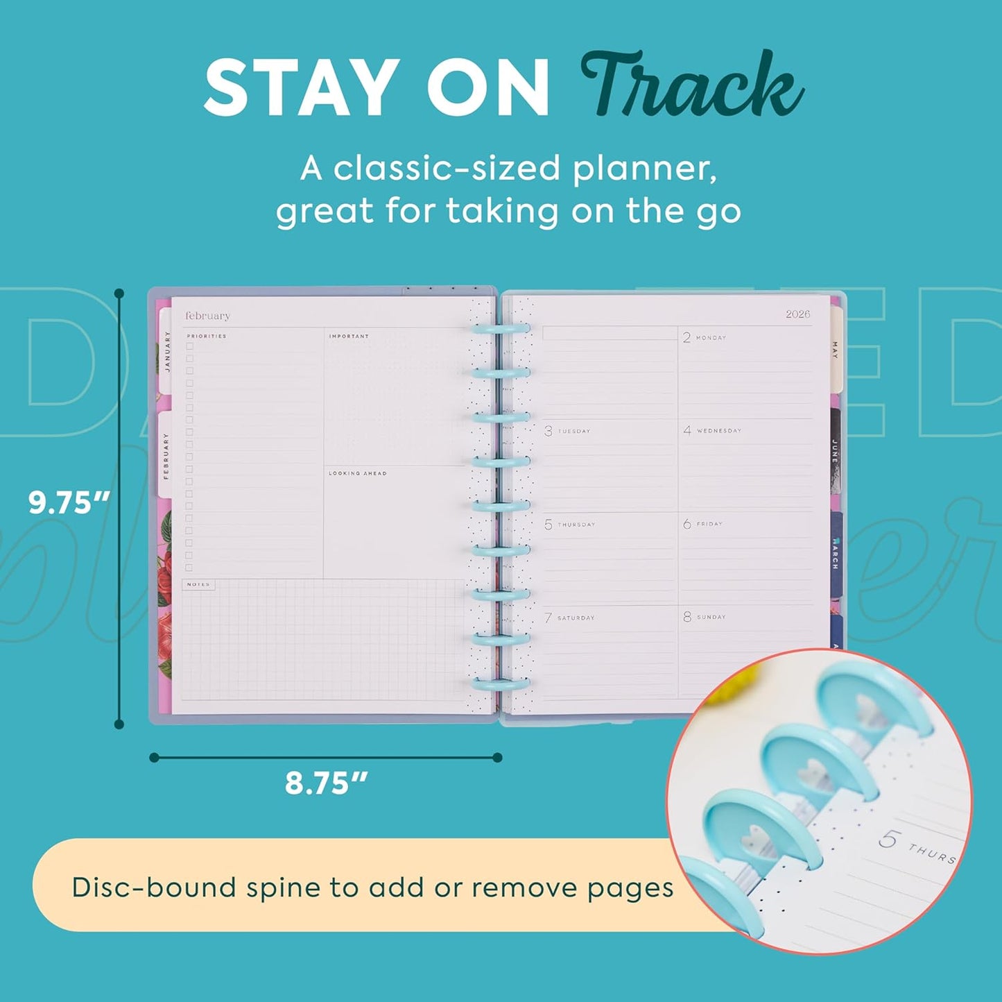 Happy Planner Disc-Bound Planner Jan.–Dec. 2026, Includes 3 Extra Months and 2 Sticker Sheets, Classic Size, 7" x 9.25", Dashboard Layout, Blue Botanical Year