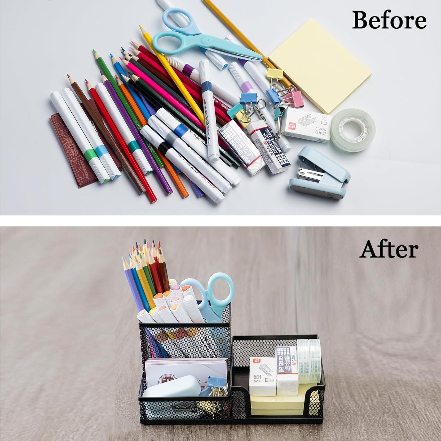 2 Pieces Pen Holder Mesh Metal Pencil Holder Desk Organizers Black for Desk Office with 3 Compartments Pencil Holders,Desktop Storage Caddy Organization,Suitable for School, Home,Black