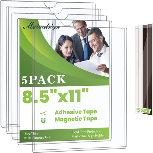 5pcs Wall Sign Holder 8.5"x11" Magnetic Sign Holder, Rigid Print Protectors with Magnet Strips and Adhesive Strips, Wall Mount Plastic Paper Holder for Office Store Home Window Display (Clear)