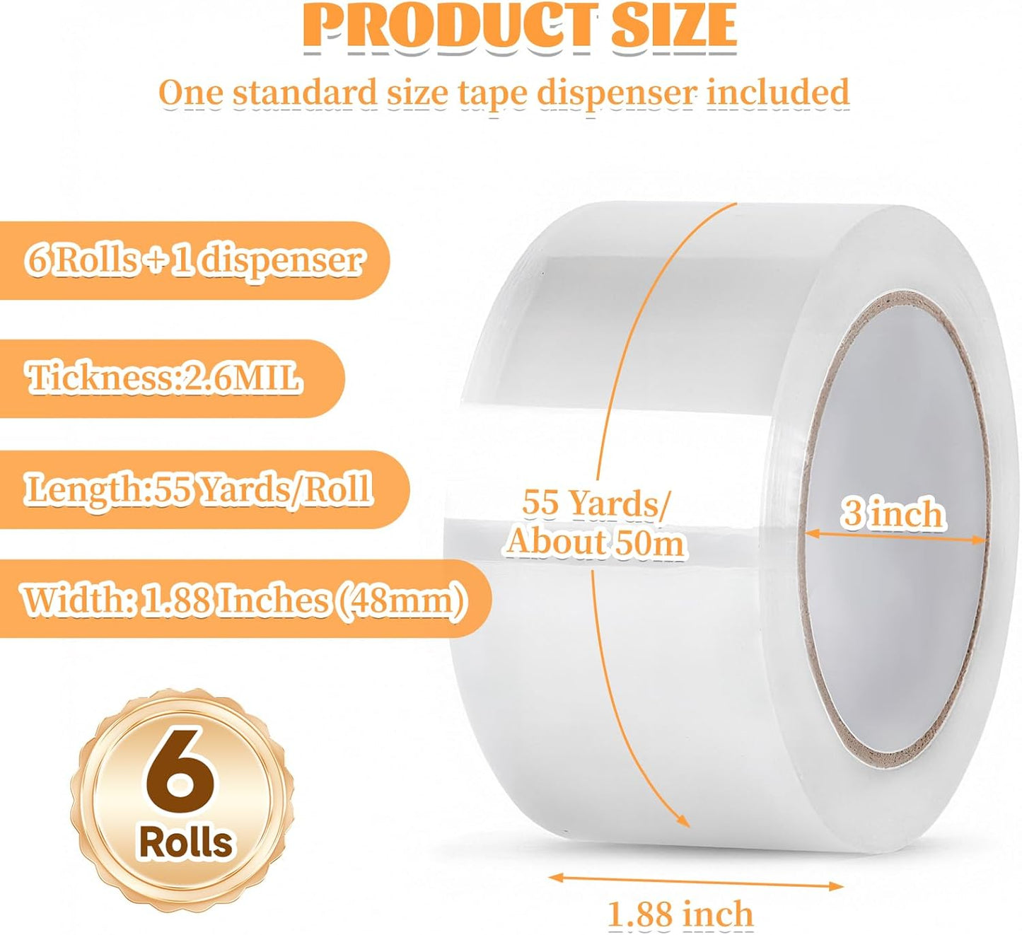 Heavy Duty Packing Tape,6 Rolls Clear Packaging Tape with 1 refillable Dispenser, 1.88 Inches x 55 Yards, Designed for Shipping Tape for Moving, Shipping and Packing