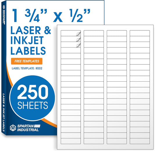 1 3/4" X 1/2" Matte White Return Address Labels Compatible with Inkjet and Laser Printers - 250 Sheets, 20000 Small Printable Stickers for Mailing, Barcodes, Organization - Spartan Industrial