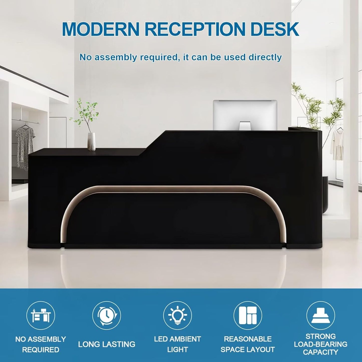 Reception Desk with Counter Modern Front Office Desk Large Reception Room Tables Checkout Counter Reception Table for Retail Lobby Beauty Salons E 87inch/220cm