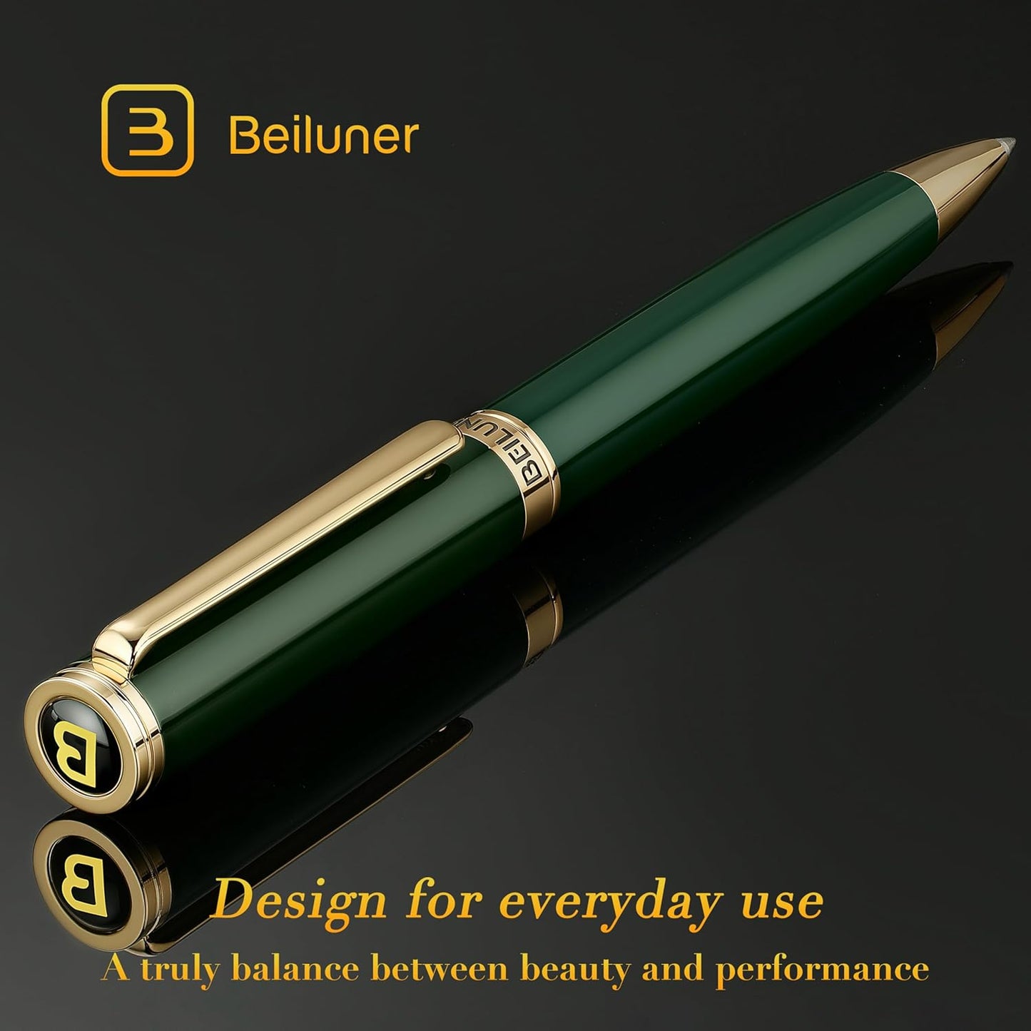 BEILUNER Luxury Gel Pen with 24K Gold Finish, Green Piano Lacquer, Luxury Grade Craftsmanship, Fancy Pen Gift Set for Men and Women, Graduation Gift, Executive, Office, Retractable, Nice Pen Set