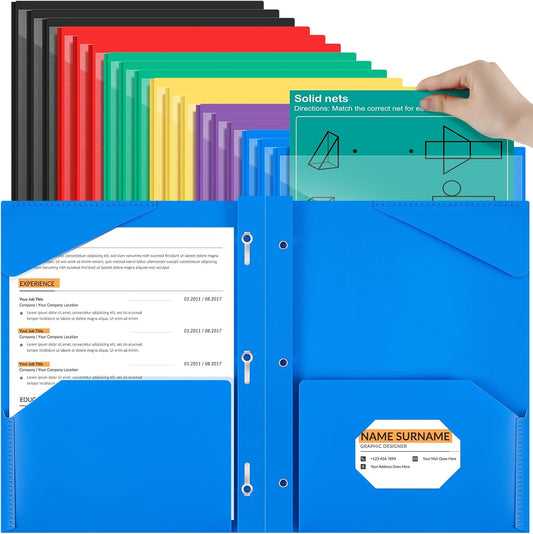 Henoyso 18 Pcs Plastic Folder with Clear Front Pocket and 3 Prong Plastic Folders with Card Slot Pocket Folders with Prongs for School Office (Colorful)