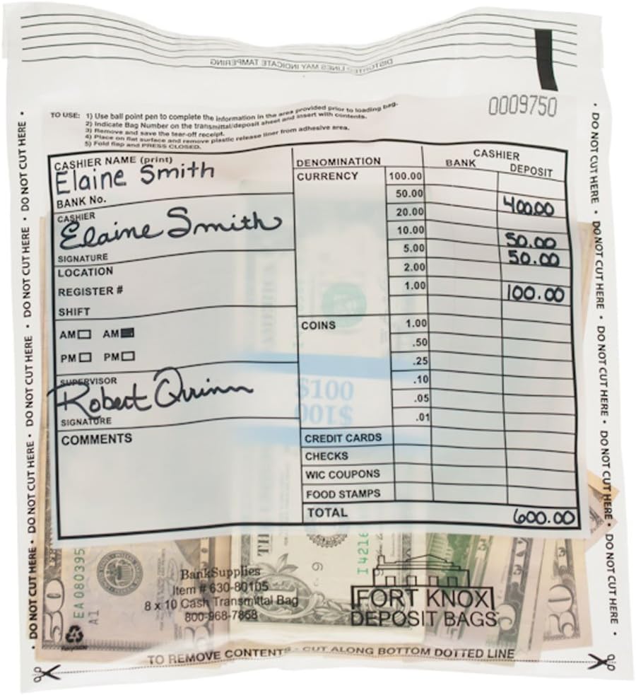 BankSupplies Clear Cash Deposit Bags | 8W x 10H | 500 Pack | Tamper-Evident Peel | Write-on Panel | Perforated Bottom | Matching Serial Number & Barcode | Deposit Plastic Bags
