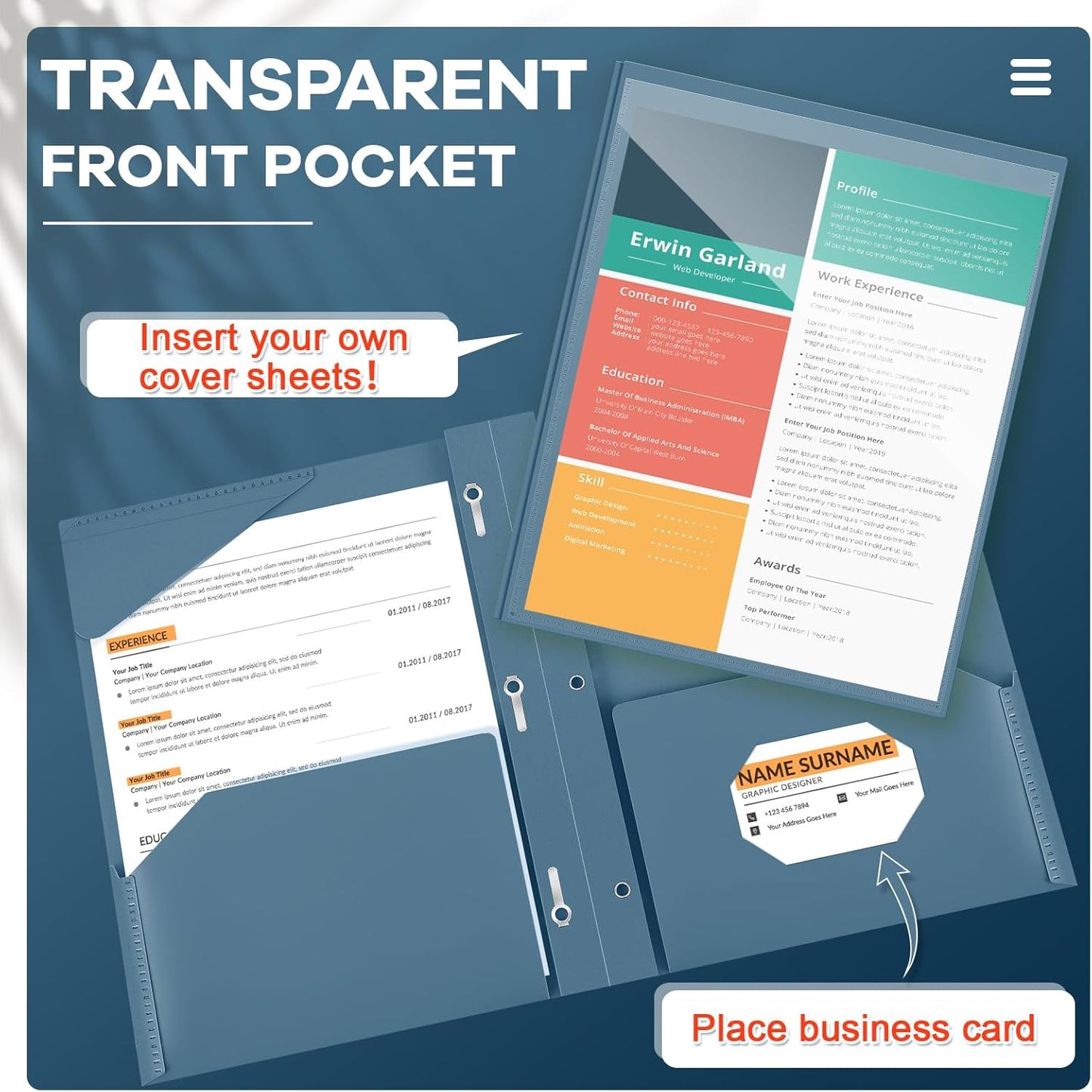 Henoyso 72 Pcs Plastic Folder with Clear Front Pocket and 3 Prong Plastic Folders with Card Slot Pocket Folders with Prongs for School Office (Navy Blue)