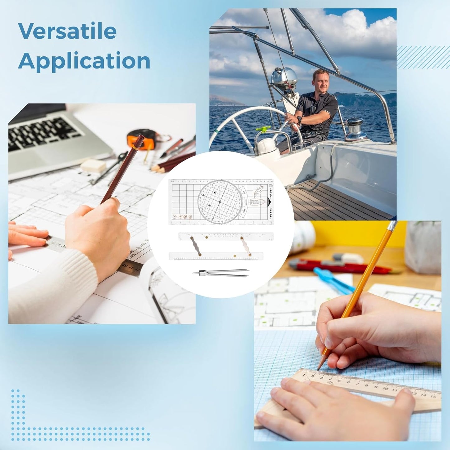 3 Pcs Basic Navigation Set, Including Marine Parallel Ruler, Nautical Protractor, and Navigation Fixed Point Divider, Marine Accessories with Clear Scales for Boat