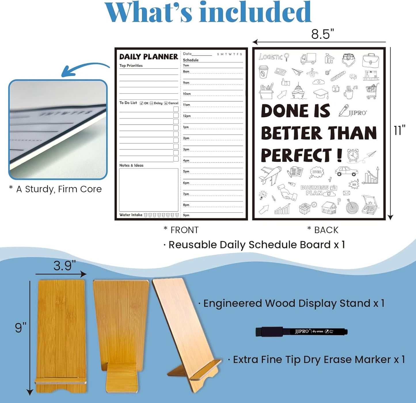 JJPRO Reusable Desktop Daily Planner with Stand,Reusable Time Schedule Board,11"x8.5" Hourly Schedule Dry Erase Board with Time Slots,Desk Hourly Dry Erase Board with Detachable Engineered Wood Stand for Office, Home