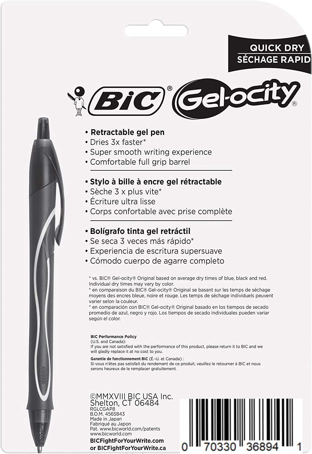 BIC Gelocity Quick Dry Assorted Colors Gel Pens, Medium Point (0.7mm), Retractable Colored Pens with Comfortable Grip, Pack of 8