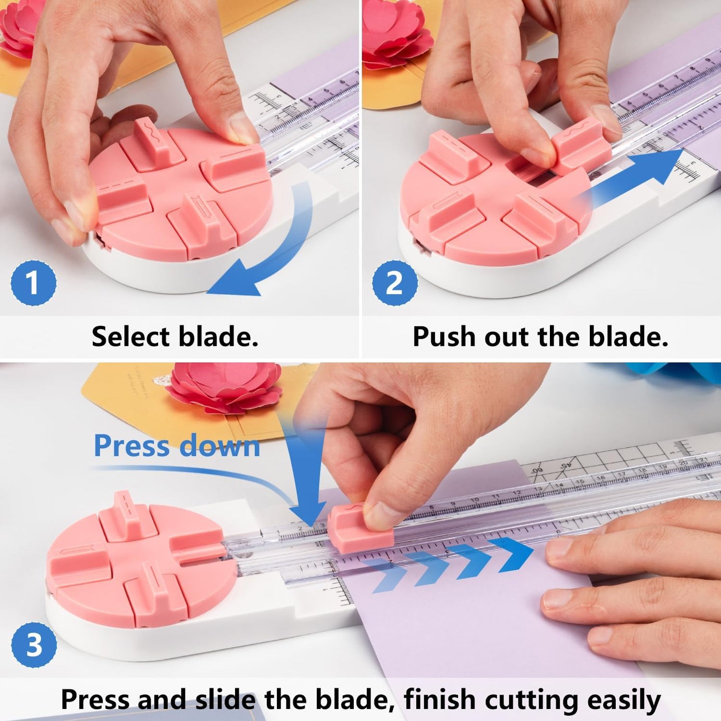 Ecraft Pink Paper Cutter 4-in-1 Paper Trimmer Multi-Function Scrapbooking Tool with Straight, Wave, Perforated & Creasing Blades for Craft Paper,Cardstock, Coupon, Label, Photo,Postcard