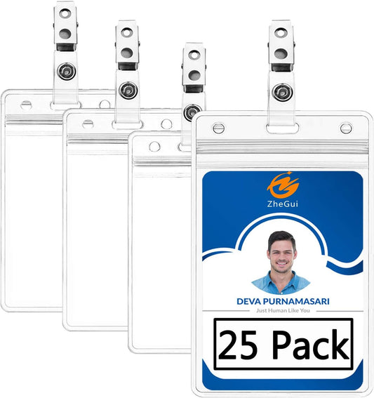 ID Badge Holder with Clip on Name Badge Holder Vertical Clear Plastic Name Tag Holders by ZHEGUI (25Pack, Vertical 3.5X2.3)