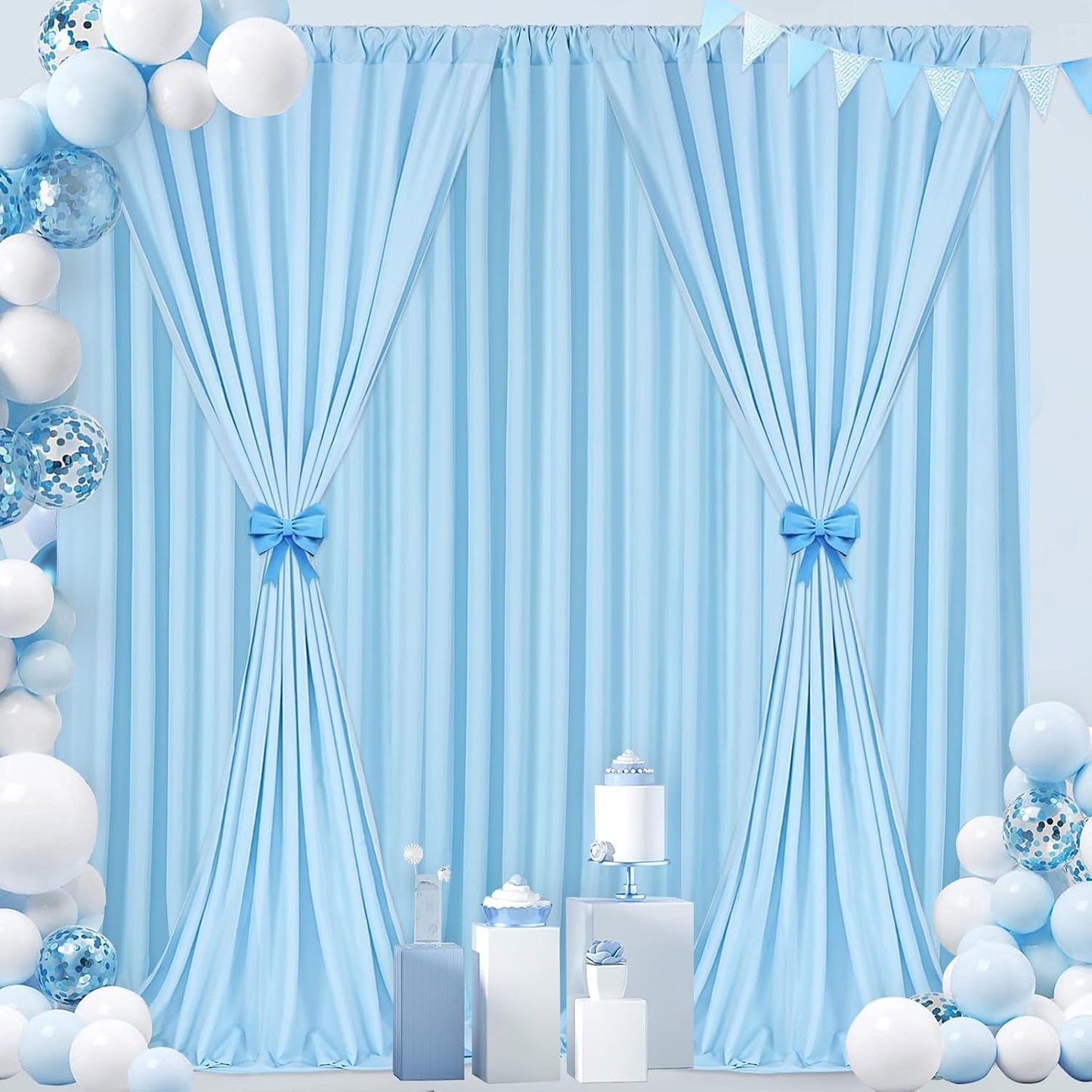 Baby Blue Backdrop Curtains: 4 Panels 5ft x 10ft Polyester Photography Backdrop Drapes - Baby Shower Birthday Party Background