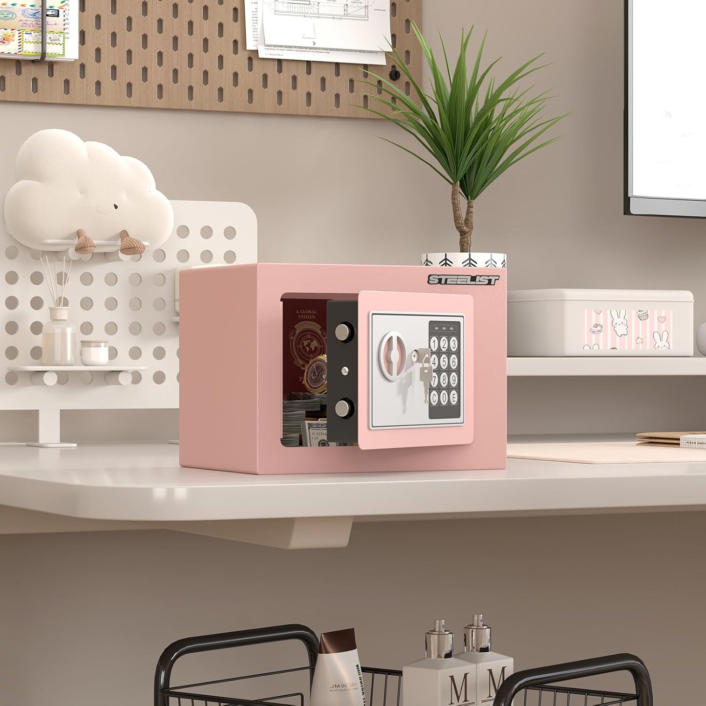 Home Safe, 0.23 Cubic Pink Safety Box, SafeBox for Money, Steel Security Box with Key, Firesafe Waterproof Safe Box, Safes for Money, Jewelry, Hotel or Business, Mini Safes for Personal Items