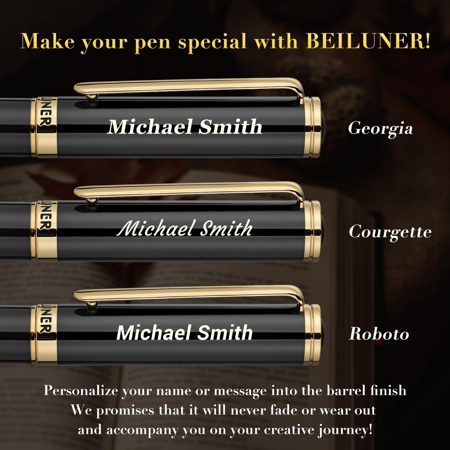 BEILUNER Luxury Personalized Gel Pen with 24K Gold Finish, Black Piano Lacquer, Luxury Grade Craftsmanship, Best Pen Gift Set for Men and Women, Professional, Executive, Office, Retractable Nice Pens